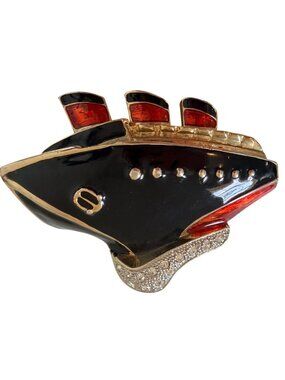VTG Cruise Ship Brooch Black Enamel Rhinestone Pin Nautical Jewelry Red Gold